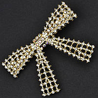 Шпилька затискач для волосся металева золотистого кольору бантик із кристалами, що переливаються, розмір 7х5 см