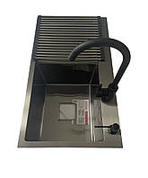 Кухонная мойка с черным смесителем Platinum Handmade 780X430X220 в комплекте с сифоном, корзиной и дозатором