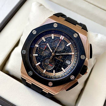 Чоловічі годинники Audemars Piguet Royal Oak Chronоgraph Gold Black AAA кварцовий хронограф на каучуковому браслеті