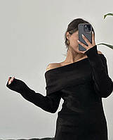 Женское эстетическое осеннее платье миди с открытыми плечами Черный