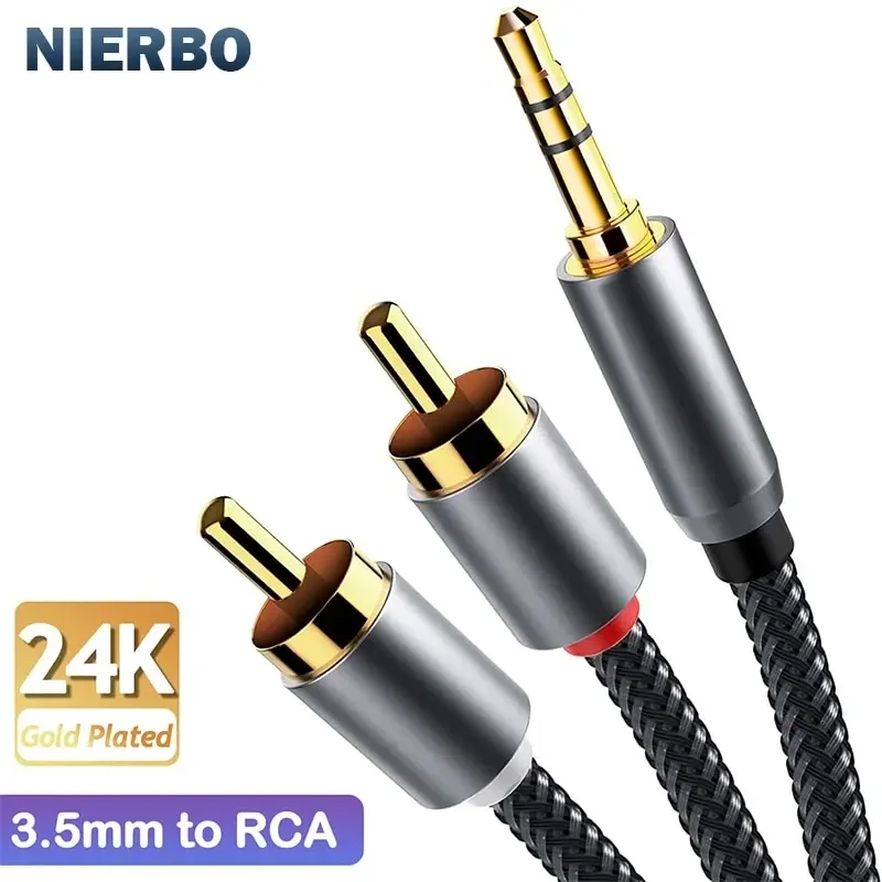 Кабель 3.5mm to 2 RCA 2м RCA Audio Cable 24K позолота Stereo Aux Splitter