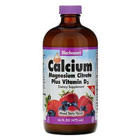 Жидкий кальций и цитрат магния плюс витамин D3, вкус натурального ягодного ассорти, Bluebonnet Nutrition, 16