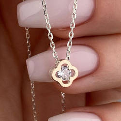 Срібне кольє з золотими накладками з кулоном в формі конюшини з фіанітом РН-184