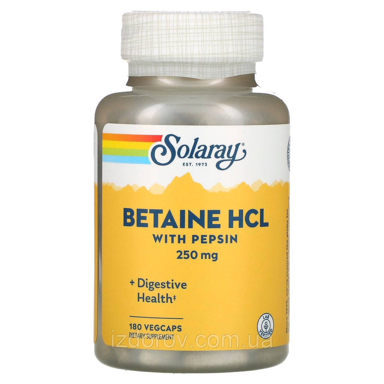 Бетаїн гідрохлорид 250 мг з пепсином та листям папаї Solaray Betaine HCL with Pepsin 180 капсул
