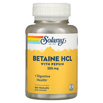 Бетаїн гідрохлорид 250 мг з пепсином та листям папаї Solaray Betaine HCL with Pepsin 180 капсул