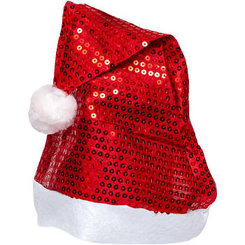 Новорічна шапка Діда Мороза з паєтками висотою 35 см 6241-4 Червоний в упаковці 4 шт