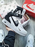 Кроссовки зимние Nike Air Force White Black мужские белые с мехом найк аир форс кожаные теплые высокие