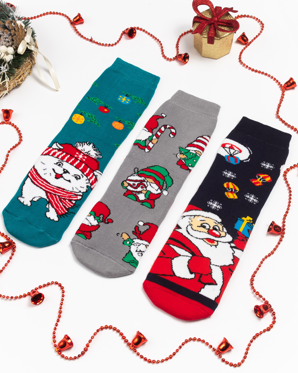 Набір жіночих новорічних махрових шкарпеток Santa, Гномик, Собачка в шапці