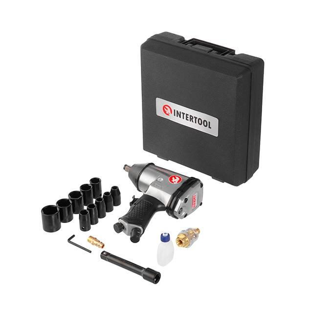 Гайковерт пневматичний 1/2" 345 Нм головки ударн. 10 шт., подовжувач, маслянка, штуцер1/4" (кейс), фото 1
