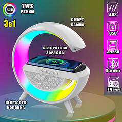 Портативна колонка Bluetooth 3в1 Sunroz WirelessCharger R99 з Rgb нічником і бездротовою зарядкою Білий