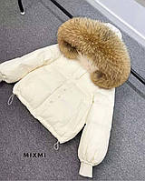 Женская стильная куртка пуховик стеганная зимняя теплая курточка на подкладке с меховым капюшоном синтепон OS 48/50, Молочный