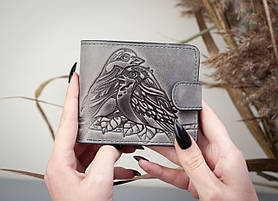 Жіночий шкіряний гаманець сірий з тисненням Пташки