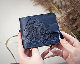 Жіночий шкіряний гаманець темно-синій з тисненням Пташки