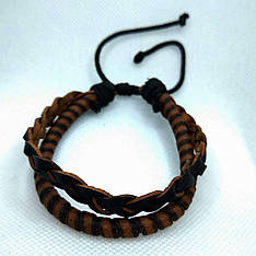 Шкіряний плетений подвійний браслет коричневий з чорним KB-28
