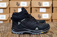 Adidas мужские зимние черные кроссовки на шнурках.Утепленные черные мужские кожаные кроссы на шерсти