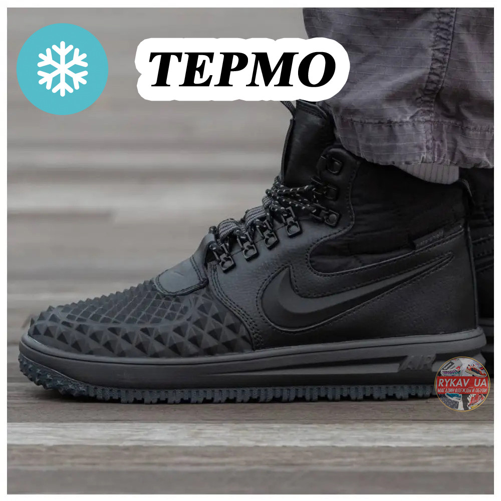 Чоловічі / жіночі єврозимові кросівки Nike Lunar Force 1 Duckboot '17 Black, чорні шкіряні кросівки найк лунар форс дакбут LF 1