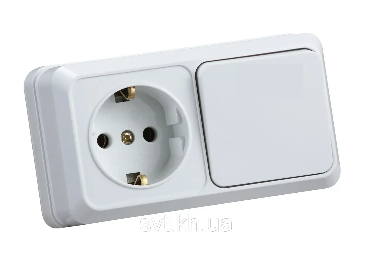 SVT-18036 Блок 1-й вимикач + 1-а розетка накладний із з/к (5шт), фото 1