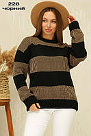 Теплий в*язаний жіночий светр в полоску 46-54 розміри колір чорний
