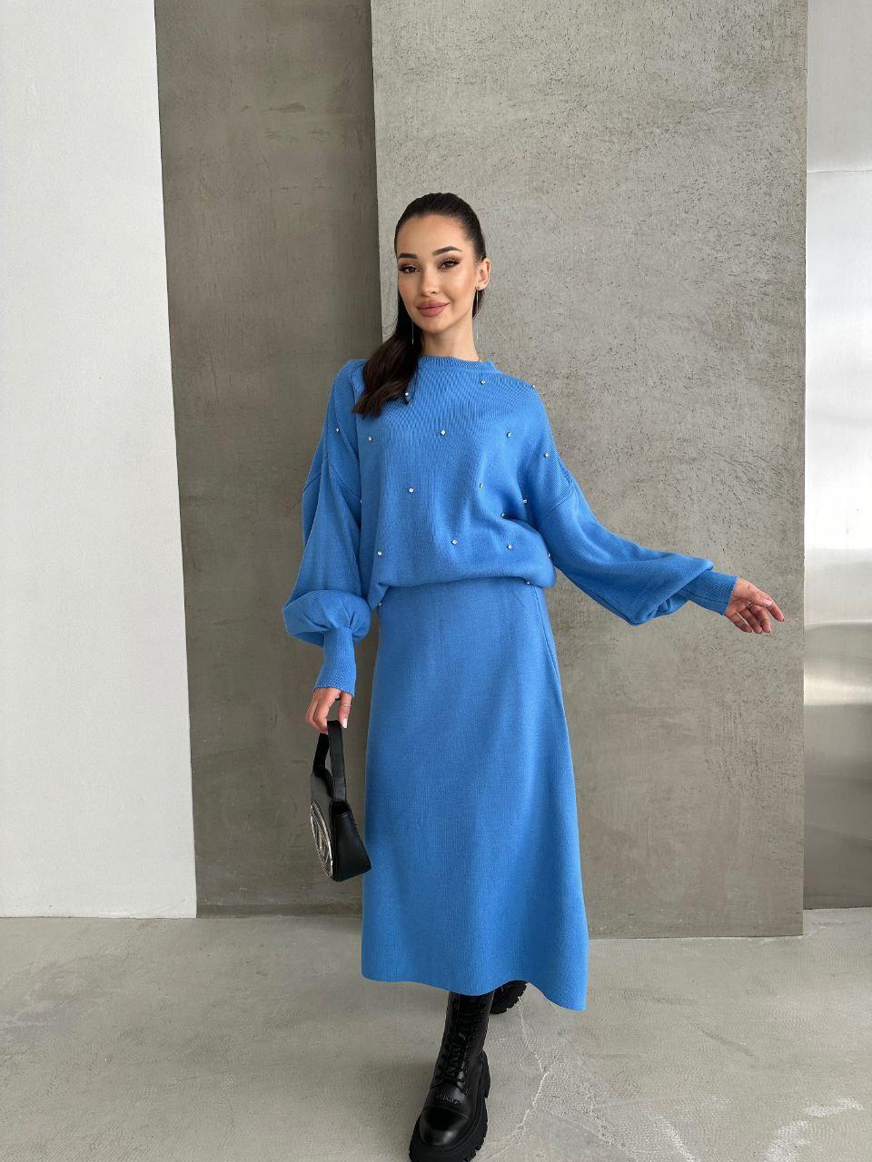 В'язаний костюм міді спідниця та вільний светр із камінням (р. 42-46) 79103553, фото 1