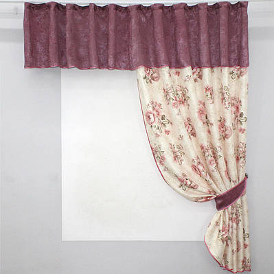 Кухонний комплект (285х175см.) шторка з ламбрекеном. Колір марсала з бежевим. Код 097к 52-0480