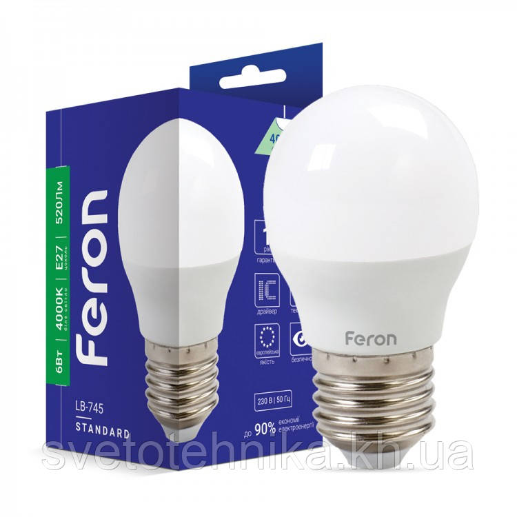 Светодиодная лампа Feron LB-745 E27 6W 4000K для общего и декоративного освещения - фото 1 - id-p267096164
