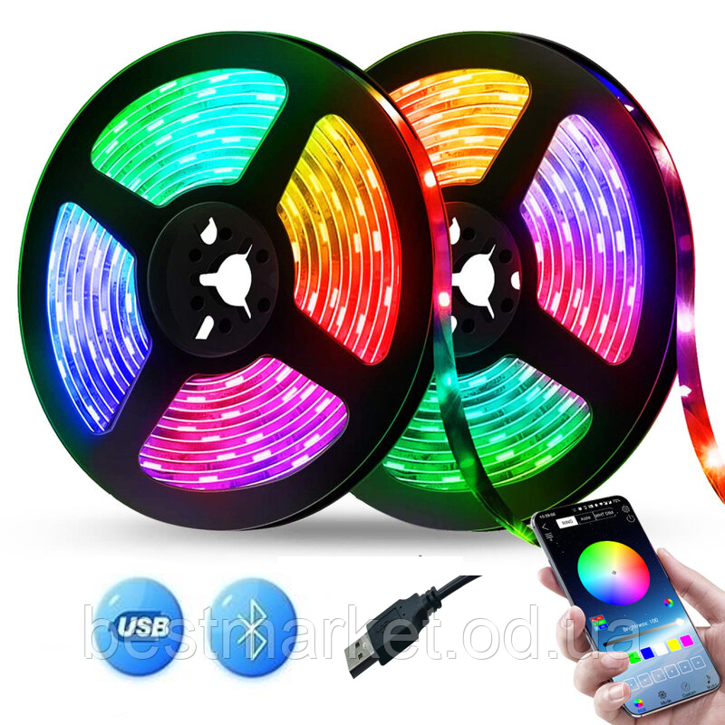 Комплект Світлодіодної Стрічки SMD 5050 RGB Кольоровий з Bluetooth від USB 5 м