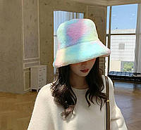 Зимова панама для жінок з штучного хутра, капелюх теплий веселкового кольору регульована