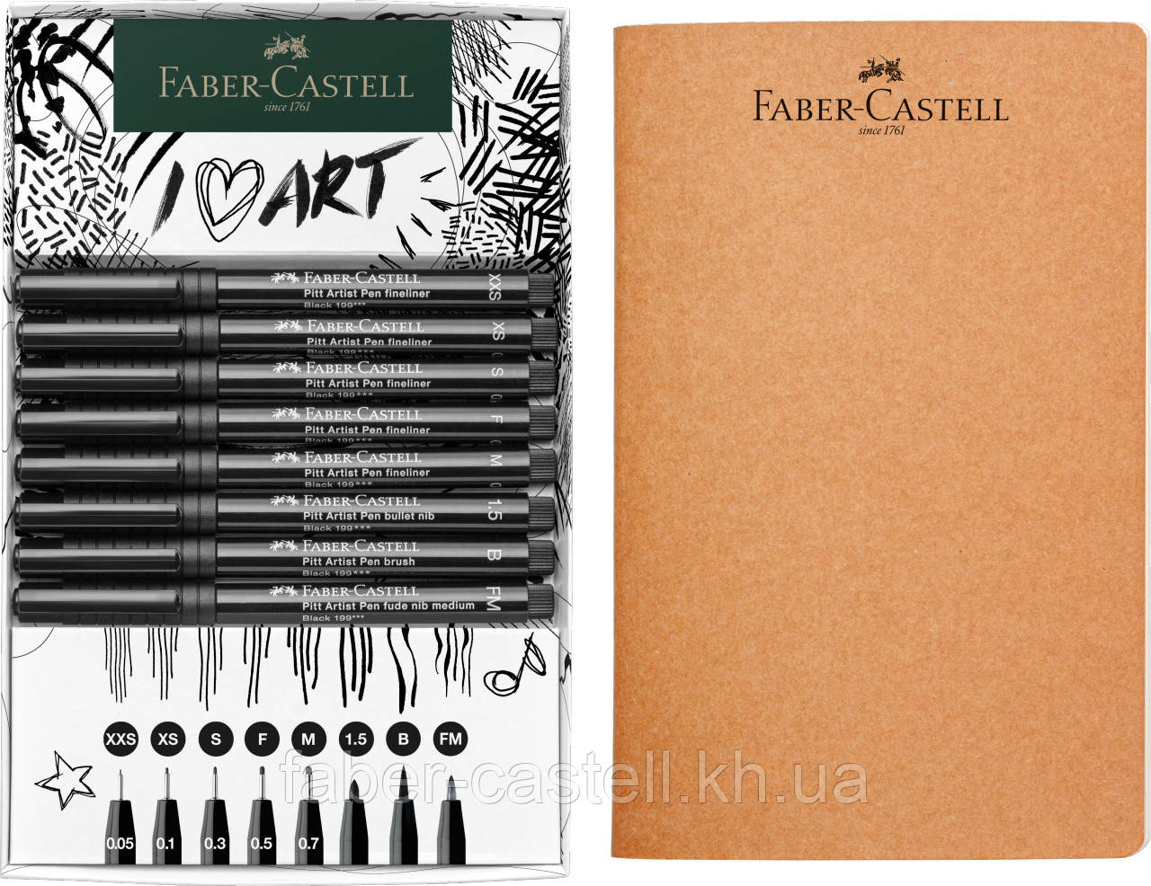 Набір ручок капілярних та блокнот Faber-Castell Sketch Set колір чорний (XXS, XS, S, F, M, 1,5, B, FM), 267102