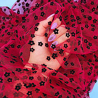 Сетка стрейч с флоком (мелкие цветы) / цвет КРАСНЫЙ / цена указана за 0,5 метра сетки