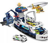 Детская игрушка Корабль Городская служба Катер с машинкой вертолетом и акулой Синий
