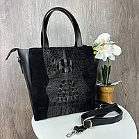 Женская сумка из натуральной замши под крокодила черная, натуральная замшевая сумочка