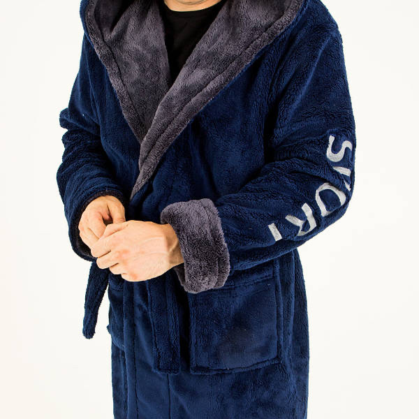 Теплий чоловічий халат на запах з надписом Sport , у кольорі Синій/Сірий, розмір 48-64