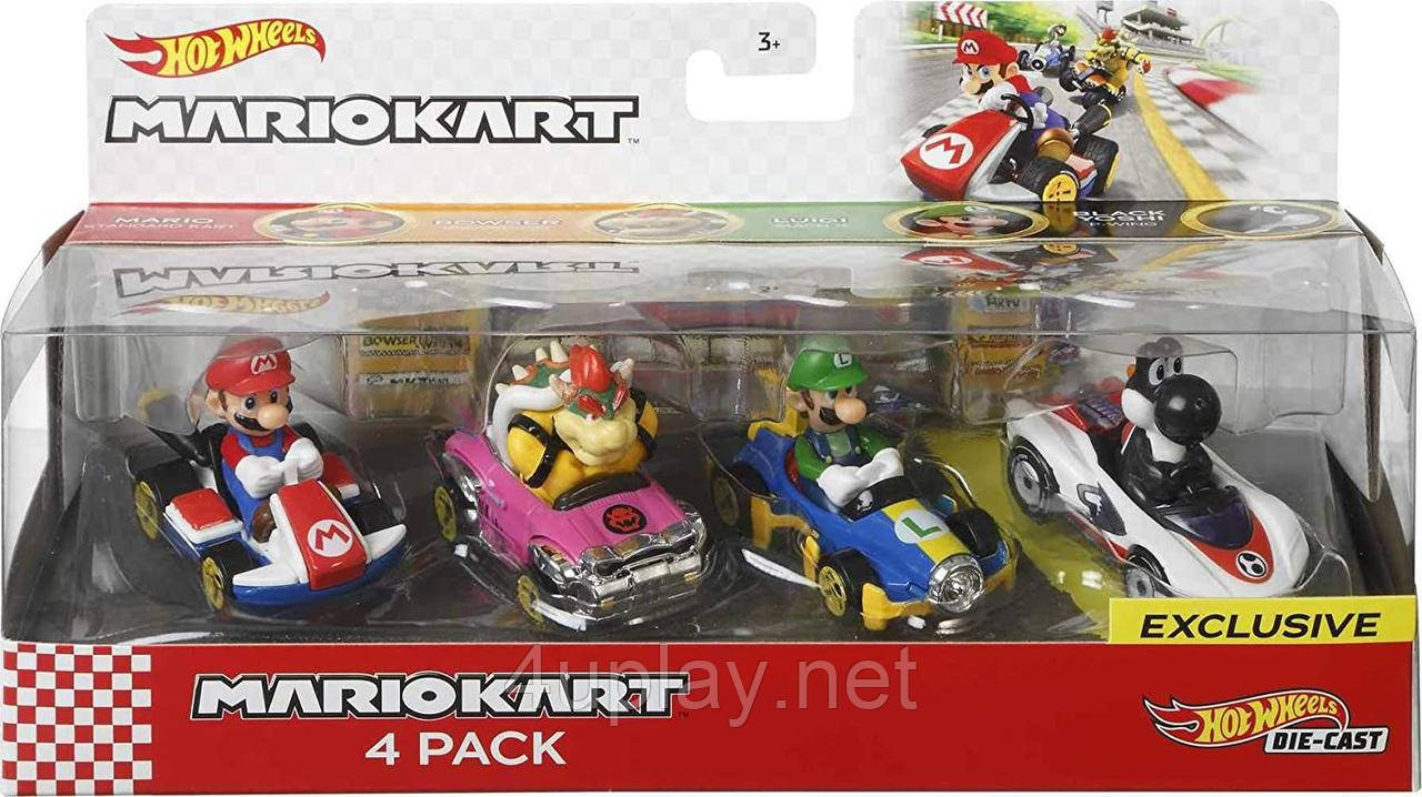 Hot Wheels Mario Kart Characters and Karts. Хот Вілс набір машинок Маріо Карт, 4шт.: Маріо, Луїджі, Баузер, Йоші