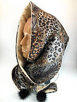 Капор шапка косинка капюшон на голову жіночий хомут Шапка-хустка подвійна двостороння з норкою на осінь зиму Леопардовий принт