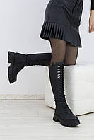 Черные женские сапоги высокие ботинки на зиму матовая кожа на цигейке евро M-37