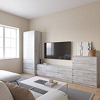 Комплект мебели в гостиную, шкаф R-9 тумба R-12 комод R-4 Бетон-Белые планки