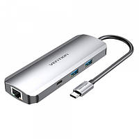 Док-станція USB3.1 Type-C --> HDMI/USB 3.0x2/RJ45/USB-C/SD/TF/TRRS 3.5mm/PD 100W Hub 9-in-1 Vention (TOMHB)