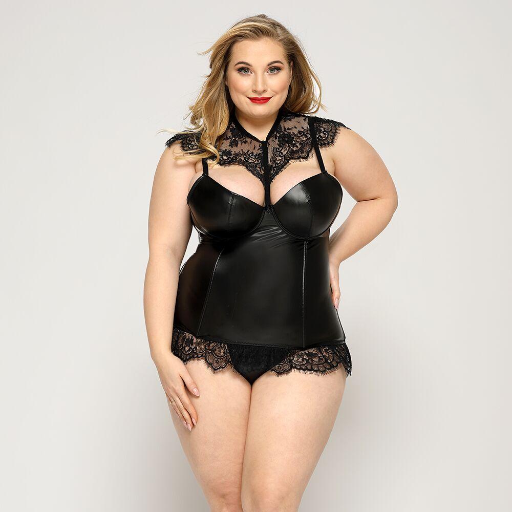 Латексний комплект білизни корсет та стрінги JSY «Пристрасна Ірис», Black, Plus Size, фото 1
