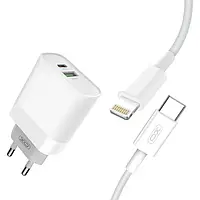 Сетевое зарядное устройство для телефона XO L64 White + кабель Type-C to Lightning