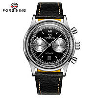 Мужские классические часы с кожаным ремнем Forsining Aviator Silver-Black Denver Чоловічий класичний годинник