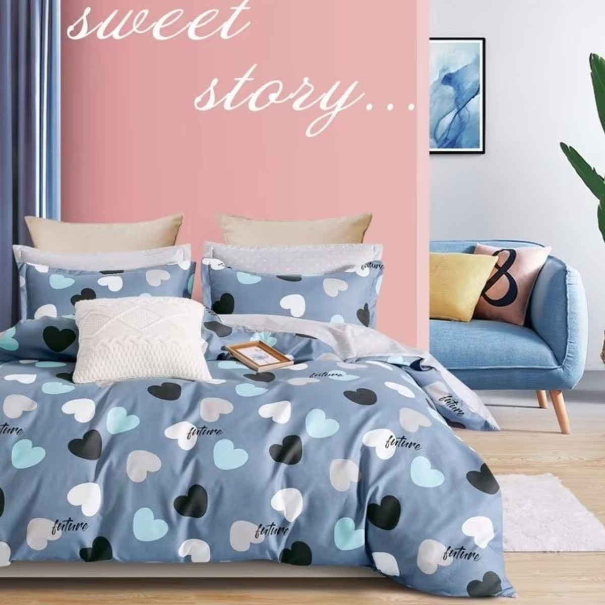 Комплект постільної білизни Євро ZMW "Home Textiles" сатин (37414) Серця на сірому