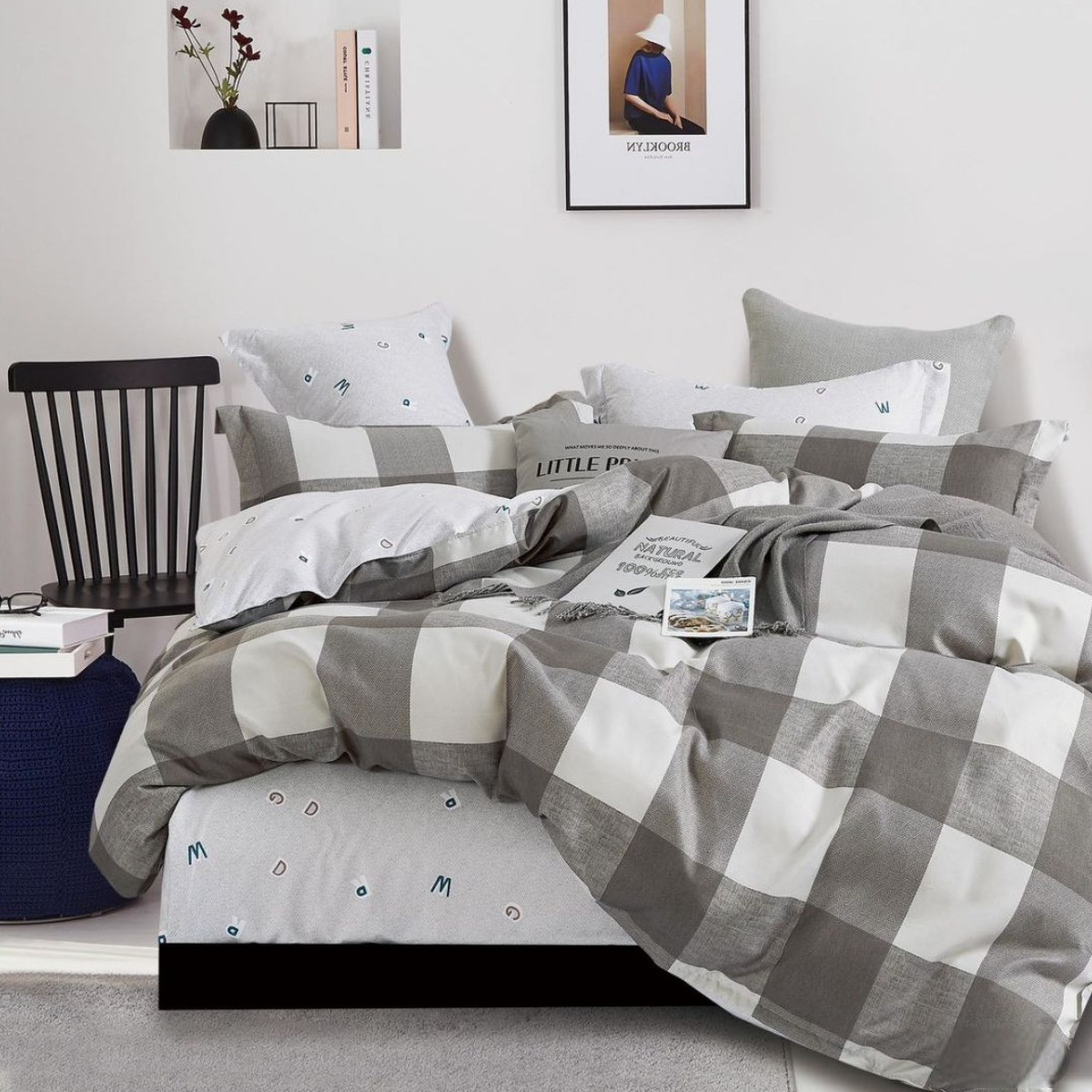 Комплект постільної білизни Євро ZMW "Home Textiles" сатин (37424) Сіро-білі квадрати