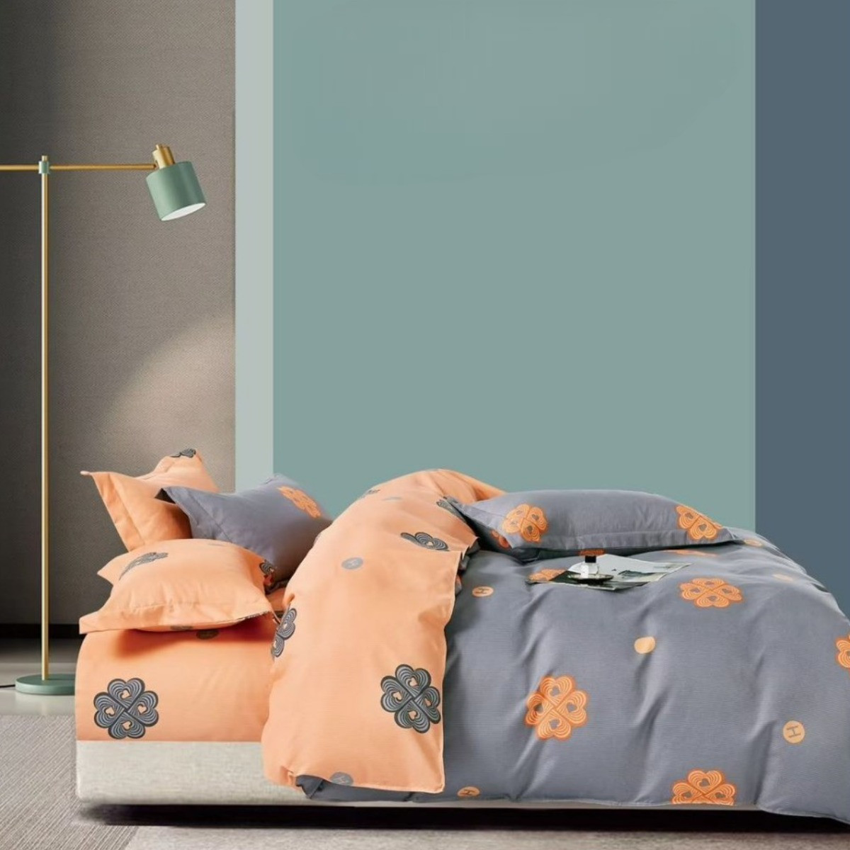Комплект постільної білизни Євро ZMW "Home Textiles" сатин (37442) Помаранчеві квіти на сірому