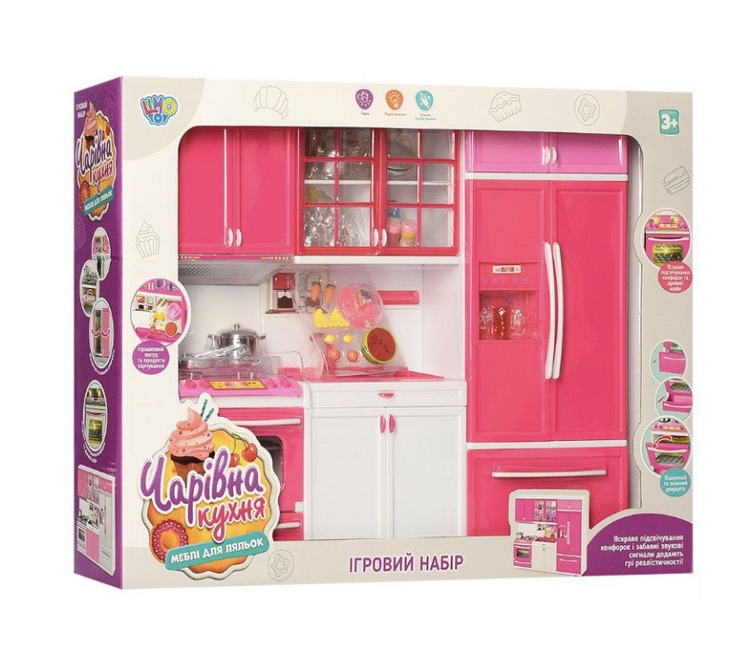 Детский игровой набор кухня шкафы плита духовка мойка холодильник посуда со звуком и светом в розовом цвете - фото 2 - id-p2019842801