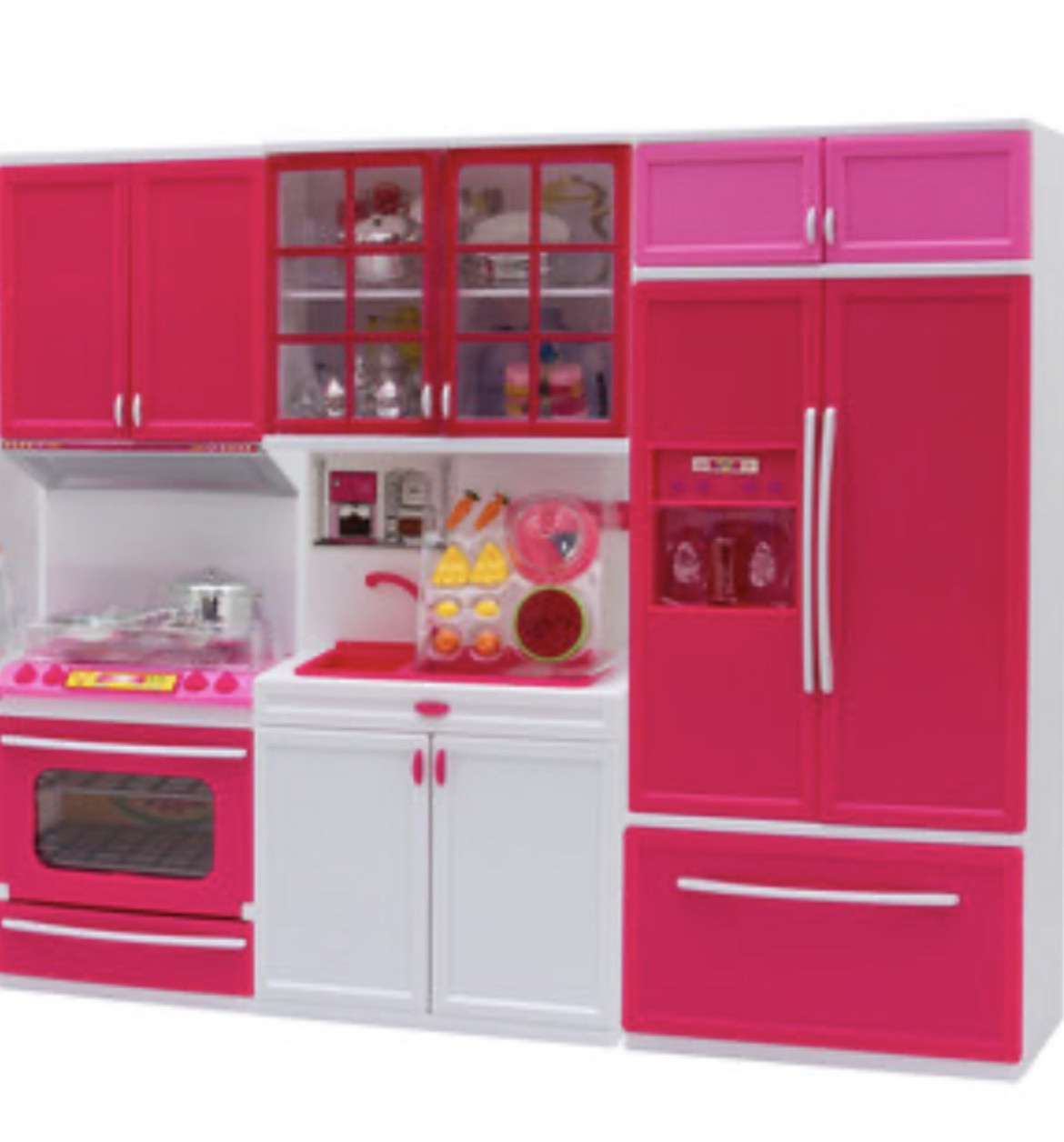 Детский игровой набор кухня шкафы плита духовка мойка холодильник посуда со звуком и светом в розовом цвете - фото 3 - id-p2019842801