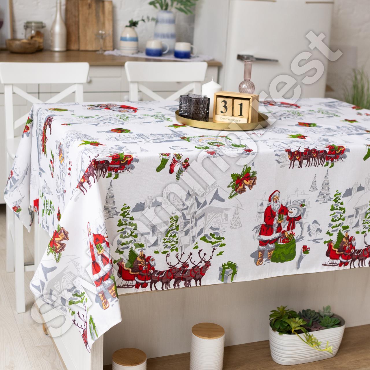 Новорічна лляна бавовняна скатертина 150х220 см на обідній стіл "Санта", фото 1