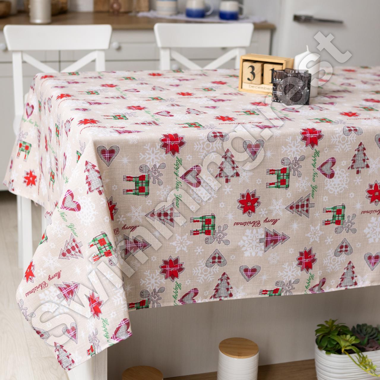 Новорічна лляна бавовняна скатертина 110х150 см на обідній стіл "Подарунок", фото 1