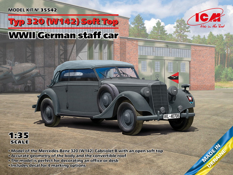 Пластикова модель 1/35 ICM 35542 Німецький штабний автомобіль Typ 320 (W142) з піднятим тентом