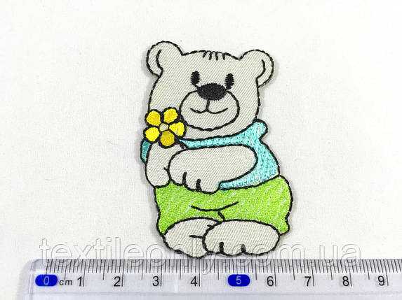 Нашивка ведмедик із квітчастим цвітом салат 42х69 мм, фото 1