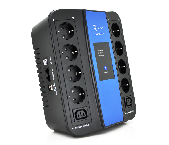 ИБП Ritar U-Smart-1000  (600W), LED, AVR, 3st, 8xSCHUKO socket, 1x12V9Ah, USB x2, RJ45, plastik Case